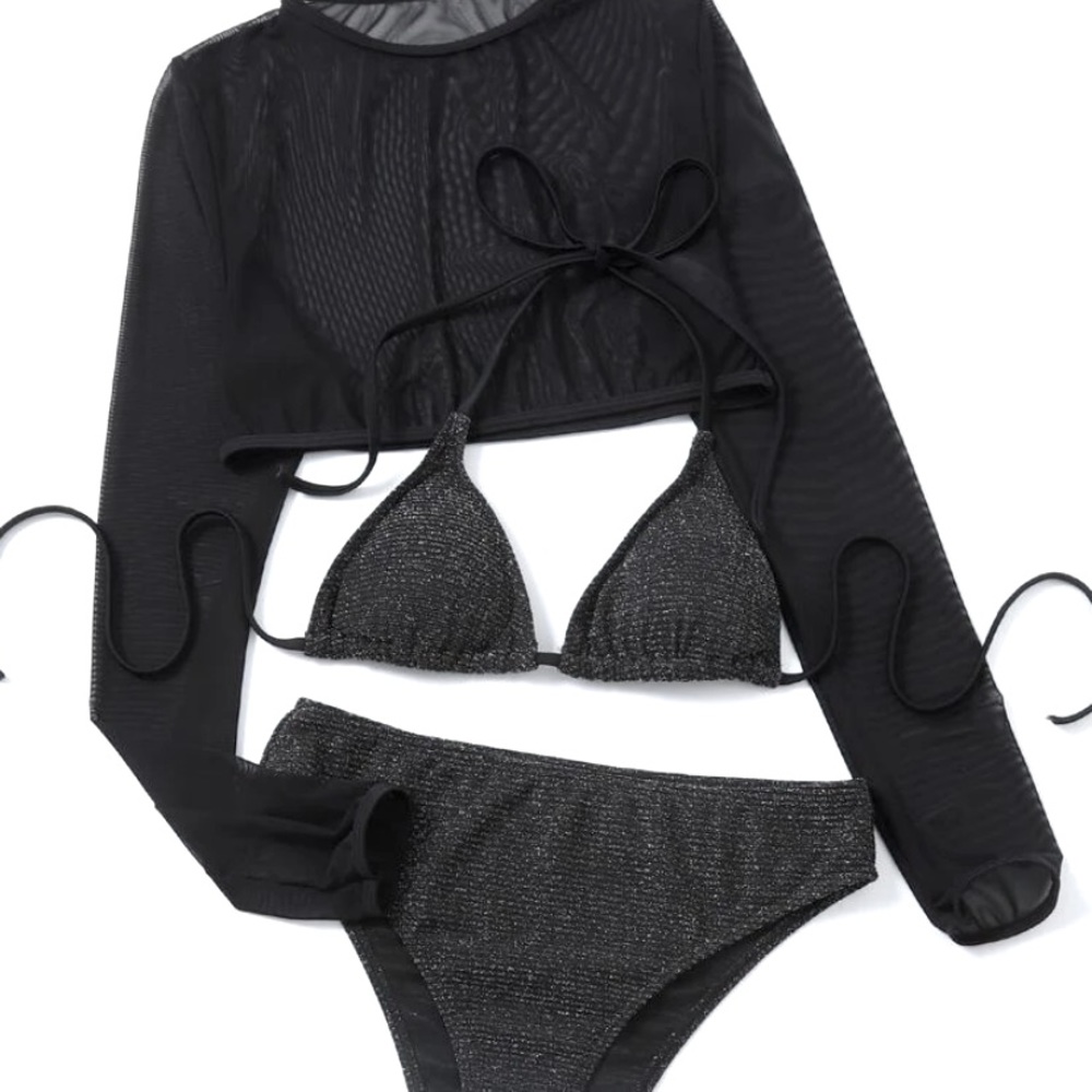 🔥BLACK/GLITTER🔥 Triangle Bikini w/mesh long sleeve top cover up.